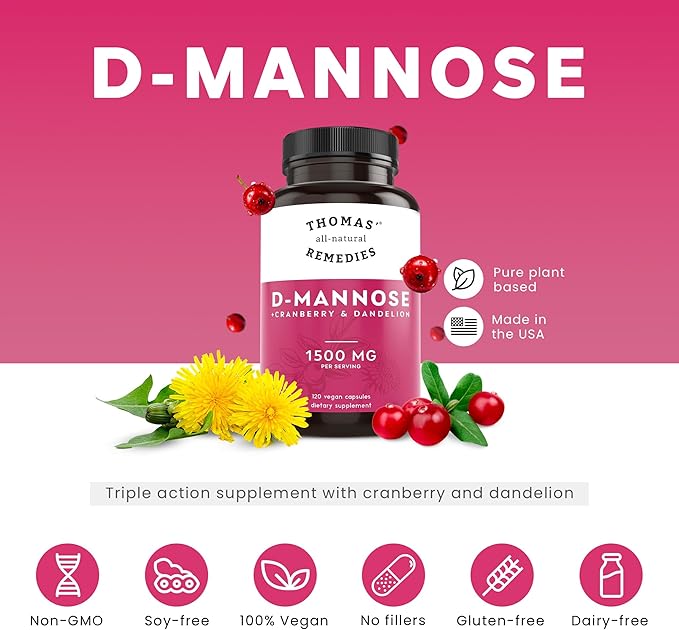 Thomas' all-natural Remedies D-mannose 1200mg - with Cranberry and Dandelion - Natural Urinary Tract and UTI Health Support - Best dmannose Capsules - NO fillers, All-Natural, Vegan - 120 Capsules