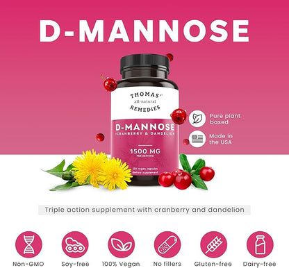 Thomas' all-natural Remedies D-mannose 1200mg - with Cranberry and Dandelion - Natural Urinary Tract and UTI Health Support - Best dmannose Capsules - NO fillers, All-Natural, Vegan - 120 Capsules