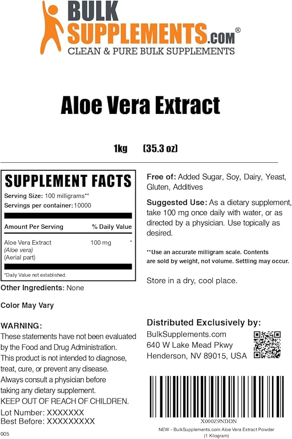 BulkSupplements.com Aloe Vera Extract Powder - Aloe Vera Supplement, Aloe Vera Powder - Herbal Supplement, Pure & Gluten Free, 100mg per Serving, 1kg (2.2 lbs) (Pack of 1)