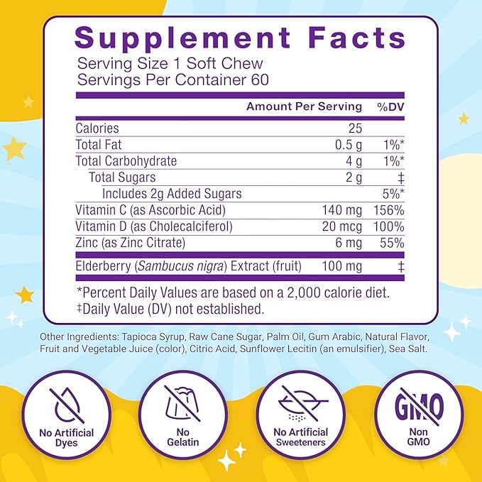 Immune Health Super Chews, Kids Immune Support Supplement with Vitamin D for Kids, Elderberry, Vitamin C, & Zinc, 2-Month Supply, Non-GMO, Apple Berry Flavor, 60 Soft Chews (Pack of 2)