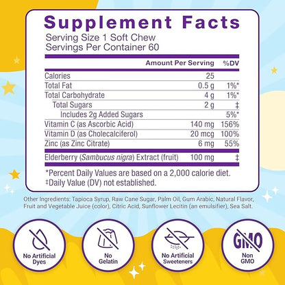 Immune Health Super Chews, Kids Immune Support Supplement with Vitamin D for Kids, Elderberry, Vitamin C, & Zinc, 2-Month Supply, Non-GMO, Apple Berry Flavor, 60 Soft Chews (Pack of 2)