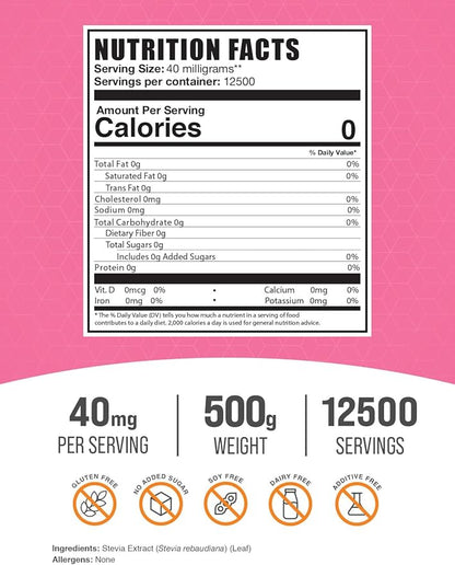 BulkSupplements.com Stevia Extract Powder - Stevia Sweetener, Pure Stevia Powder - Zero Calorie Sweetener, Gluten Free, 40mg per Serving, 500g (1.1 lbs) (Pack of 1)