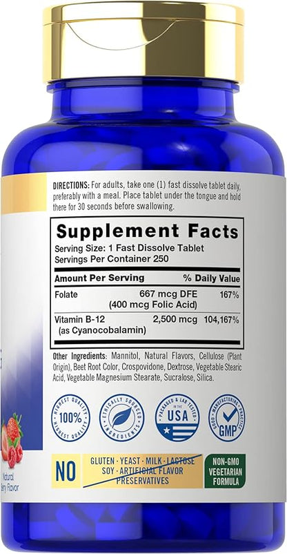 Carlyle Vitamin B12 Sublingual 2500 mcg | 250 Fast Dissolve Tablets | Cyanocobalamin Supplement with Folic Acid for Adults | Natural Berry Flavor | Vegetarian, Non-GMO, and Gluten Free