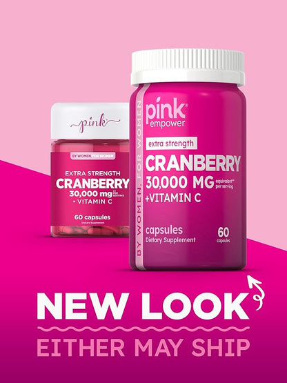 PINK Cranberry Pills for Women | 60 Capsules | Plus Vitamin C | Non-GMO & Gluten Free Extract Supplement | Supports Urinary Tract Health