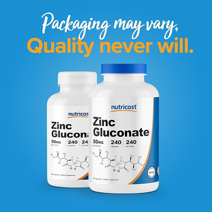 Nutricost Zinc Gluconate 240 Veggie Capsules (50mg) (3 Bottles) - Gluten Free and Non-GMO