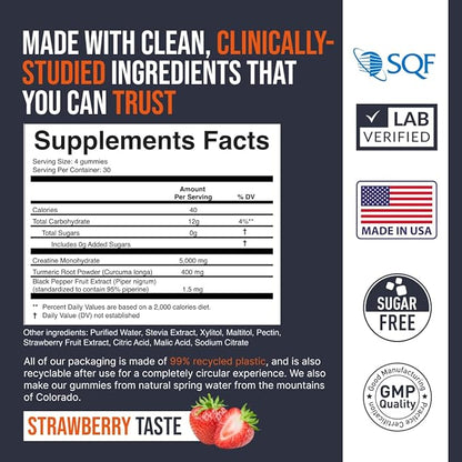 Creatine Monohydrate Gummies 5000 mg, Strawberry Flavor, 120 Sugar-Free Vegan Chews, Creatine Supplement for Daily Routine, Pack of 2