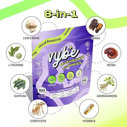 Vybe Mushroom Gummies for Focus and Energy - All-In-One Daily Mushroom Supplement - 8-in-1 Adaptogen Supplement Blend with Lion’s Mane, Cordyceps, Reishi, Chaga, Ashwagandha (Blueberry, 60-Count)