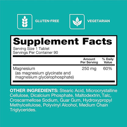 Qunol Magnesium Glycinate Complex, Gentle on Stomach, 250mg One Pill Dose, Superior-Absorption Magnesium, Nerve, Bone and Muscle Health Supplement, 90 Count (Pack of 1)