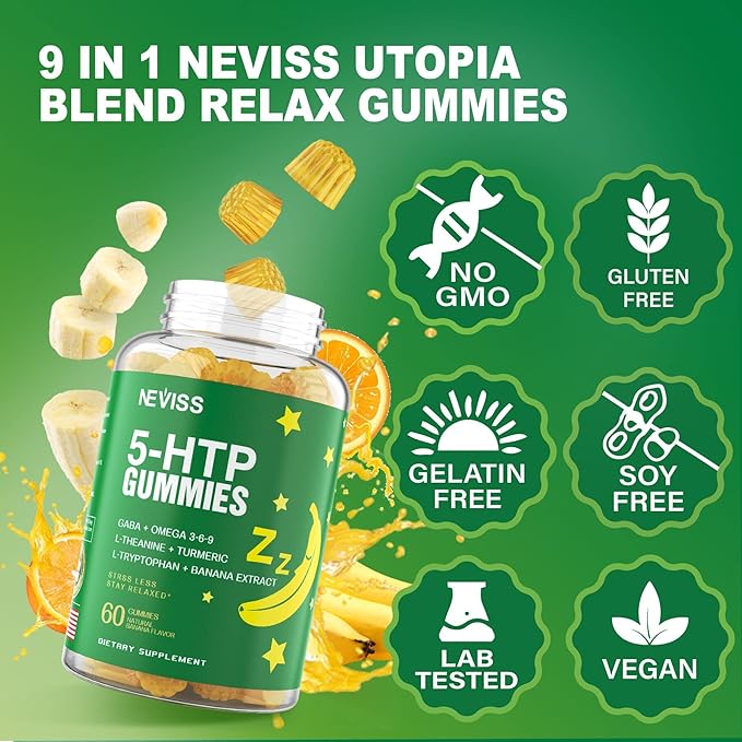 1Pack 5-HTP GABA Gummies - Melatonin Free Calm & Relaxation Gummies w/Banana Extract, L-Theanine, L-Tryptophan, Omega-3-6-9 for Health Rest Cycle & & Circadian Rhythm, Natural Zzzs, Brain Relax
