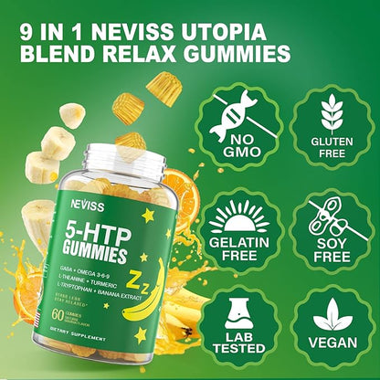 1Pack 5-HTP GABA Gummies - Melatonin Free Calm & Relaxation Gummies w/Banana Extract, L-Theanine, L-Tryptophan, Omega-3-6-9 for Health Rest Cycle & & Circadian Rhythm, Natural Zzzs, Brain Relax