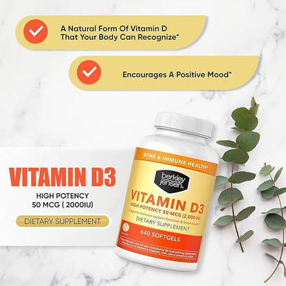 Berkley Jensen High Potency Vitamin D3 2000IU (50 mcg) (640 Softgels), Dietary Supplement for Teeth, Muscle, Immune Function, and Bone Health, for Men and Women, Made in USA, 640 Day Supply