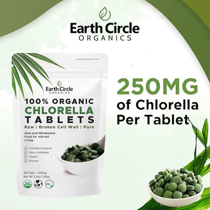 Organic Chlorella Tablets 400 Count | High Potency Superfood | Chlorophyll Pills from 100% Pure Green Algae | Broken Cell Wall for Maximum Absorption | Vegan, Kosher, Non-GMO | 4 Tabs per Day (1-Pack)