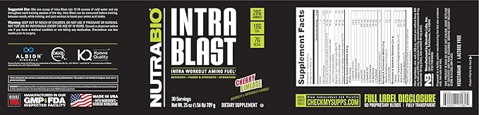 NutraBio Intra Blast Bcaa Powder Amino Acid Supplement, Electrolyte & Hydration Blend, Intra, Pre Workout & Muscle Recovery, 20g Eaa Amino Acids Powder, 5g Glutamine- Cherry Limeade, 30 Serving