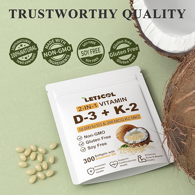 2-in-1 Vitamin D3 K2 Supplement Softgel, Vitamin D3 10000 IU and Vitamin K2 200 mcg, K2 MK7 with D3 Vitamin Supplement Support Immune, Heart, Joint, Teeth & Bone Health