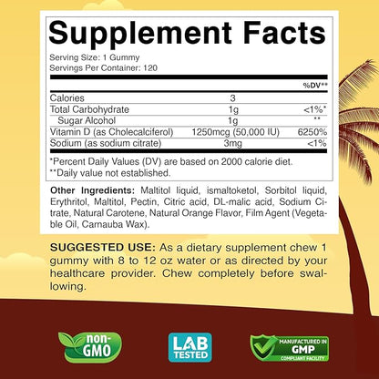 Sugar-Free Vitamin D3 50,000 IU Weekly Gummies – 120 Count Bone, Teeth, and Immune Support – Non-GMO, Easy-to-Chew Supplement