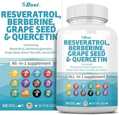 60 Capsules Resveratrol 6000mg Berberine 3000mg Grape Seed Extract 3000mg Quercetin 4000mg Green Tea Extract Polyphenol Supplement with N-Acetyl Cysteine Acai Extract for Women and Men,USA