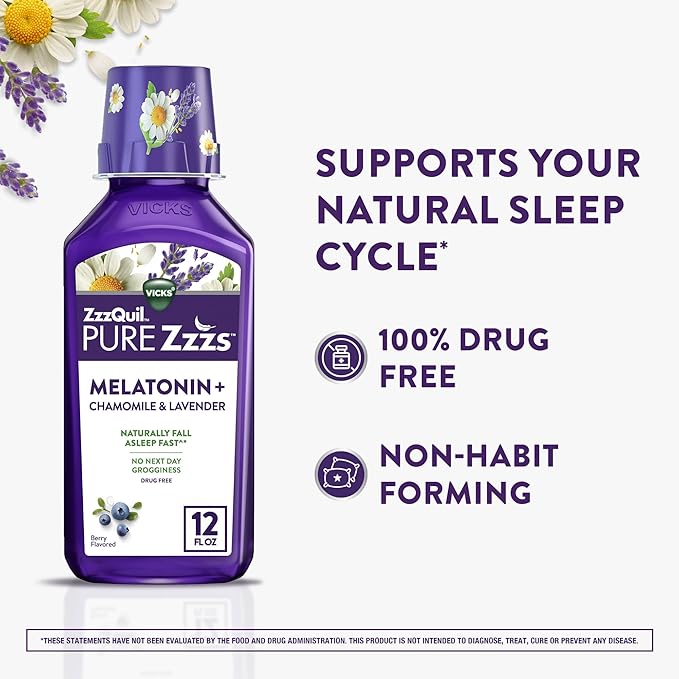 ZzzQuil Pure Zzzs Melatonin Liquid, Sleep Aid, Liquid Melatonin 2mg, with Chamomile & Lavender, Fall Asleep Fast, Melatonin Sleep Aids for Adults, Berry Flavored, 2 Pack, 24 FL OZ