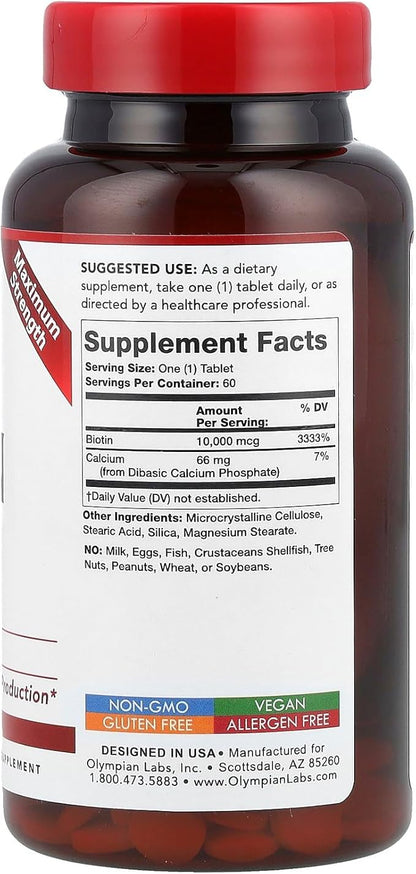 Olympian Labs Max Strength Biotin Vitamin B7 Supplement, 10,000mcg Tablets, Improve Hair, Skin & Nail Growth, 60 Vegan Tablets