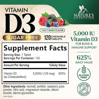 Vitamin D3 5000 IU (125 mcg) - Chewable Vitamin D Supplements for Bone, Teeth, Muscle & Immune Support, Sugar Free, Non-GMO, Gluten Free, Nature's Extra Strength D3 Vitamin - 120 Chewable Tablets