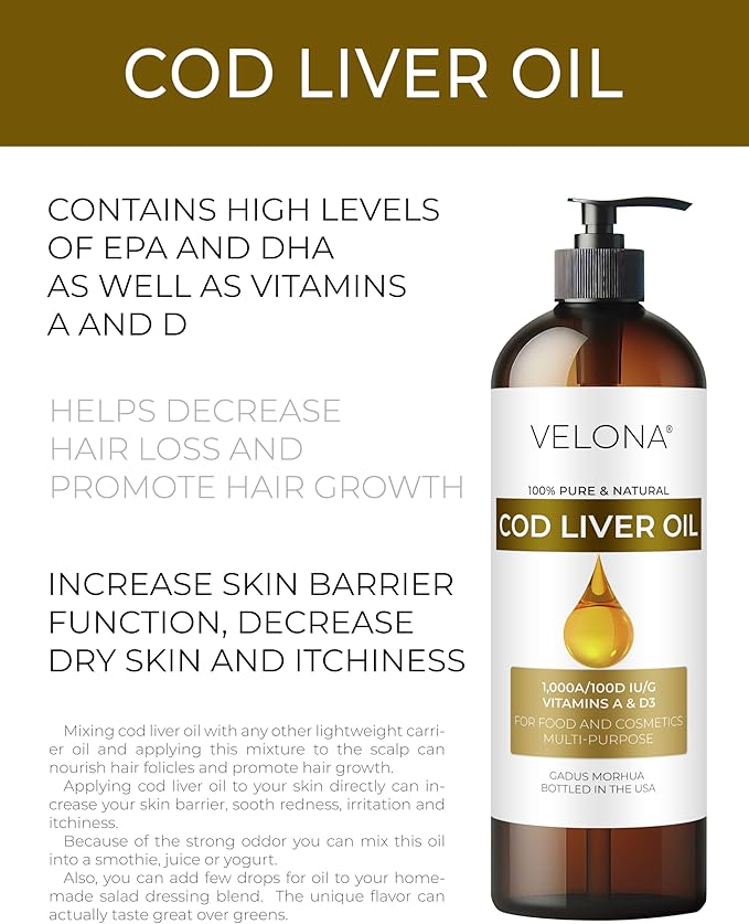 velona Cod Liver Oil - 16 Fl Oz | 1,000A/100D IU/g Omega 3 Vitamins A & D3 | Norwegian Arctic Sustainably Sourced Nordic Oil | Hair, Body and Skin Care | Use Today - Enjoy Results