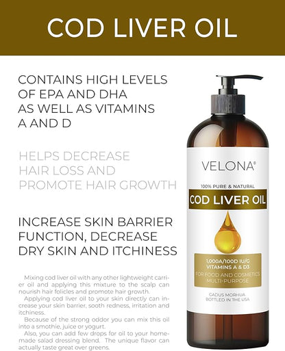 velona Cod Liver Oil - 16 Fl Oz | 1,000A/100D IU/g Omega 3 Vitamins A & D3 | Norwegian Arctic Sustainably Sourced Nordic Oil | Hair, Body and Skin Care | Use Today - Enjoy Results