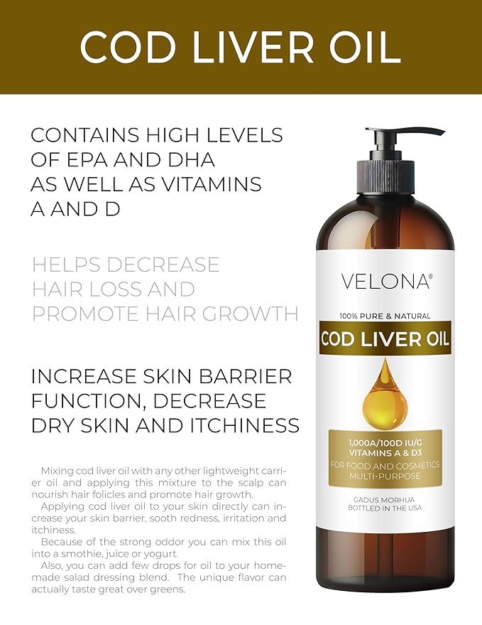 velona Cod Liver Oil - 8 Fl Oz | 1,000A/100D IU/g Omega 3 Vitamins A & D3 | Norwegian Arctic Sustainably Sourced Nordic Oil | Hair, Body and Skin Care | Use Today - Enjoy Results