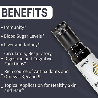 100% Ethiopian BlackSeed Oil 3.4 Fl Oz - Cold Pressed Black Seed Oil for Immune Support, High Potency 5.7% - 21% Thymoquinone Skin, Hair & Overll Health - Unrefined Black Cumin Seed Oil - Gluten Free