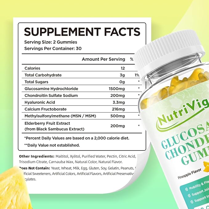 Glucosamine Chondroitin Gummies, Extra Strength Joint Support Supplement with MSM & Elderberry, Joint Support Supplement for Adults, Men & Women, Pineapple Flavor, 120 Count