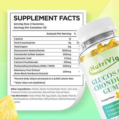 Glucosamine Chondroitin Gummies, Extra Strength Joint Support Supplement with MSM & Elderberry, Joint Support Supplement for Adults, Men & Women, Pineapple Flavor, 120 Count