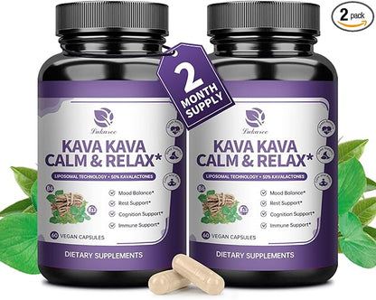 Kava Kava Root Extract Supplement - Liposomal Kava Capsules with L Theanine 200mg, 50% Kavalactones, Relax Calming Kava Extract, Vitamin B6, B12 - for Sleep, Mood, Cognitive & Immune Support, 2 Pack