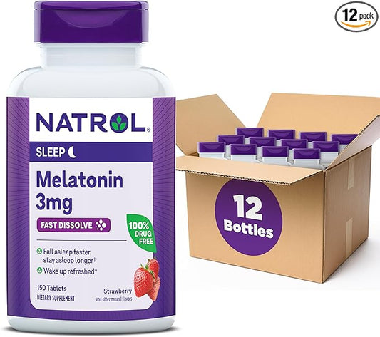 Natrol Melatonin 3mg, Strawberry-Flavored Dietary Supplement for Restful Sleep, 150 Fast-Dissolve Tablets, 150 Day Supply (Pack of 12)