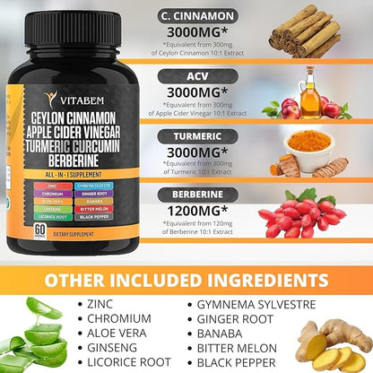 Ceylon Cinnamon Capsules 3000mg Turmeric 3000mg Apple Cider Vinegar 3000 mg Ginseng 2000mg Aloe Vera 2000mg Berberine Supplement 1200mg + Banaba | Bitter Melon | Gymnema | Ginger Root - 60 Count