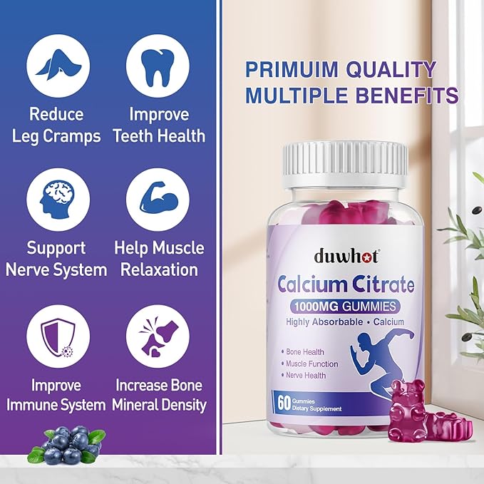 Calcium Citrate Gummies, Chewable Calcium Citrate 1000mg for Bone, Muscle & Immune Support, Ultimate Absorption Calcium Supplements for Women & Men, Blueberry,120 Chews