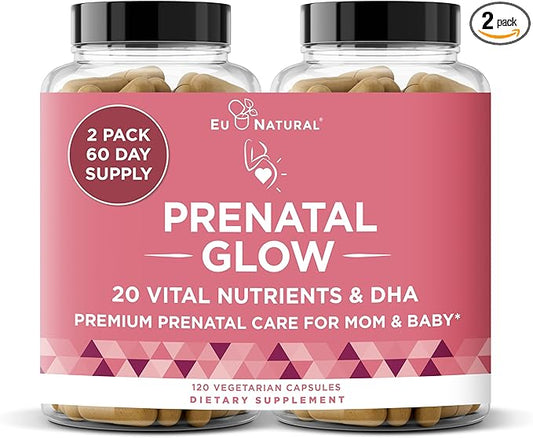 Glow Prenatal Vitamins for Women – 20-in-1 Vital Nutrients for Healthy Pregnancy and Fetal Development – Folic Acid & Vegan DHA For Baby's Growth & A Comfortable Pregnancy – 120 Nourishing Capsules