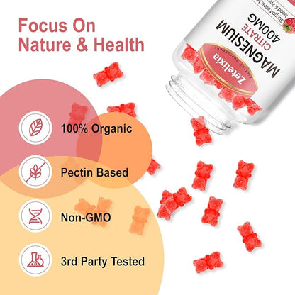 Magnesium Citrate Gummies, High Absorption Magnesium Gummies for Adults, Muscle & Teeth Support, 60 Vegan Natural Raspberry Gummies