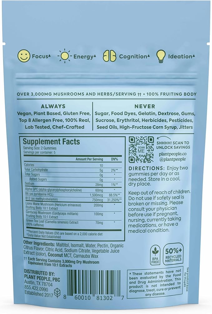 Plant People WonderFocus Mushroom Gummies Mini with Lion’s Mane & Cordyceps Nootropic Brain Supplement Boosts Memory Focus Energy & Mood in Adults No Sugar 100% Vegan Citrus Flavor Trial Size