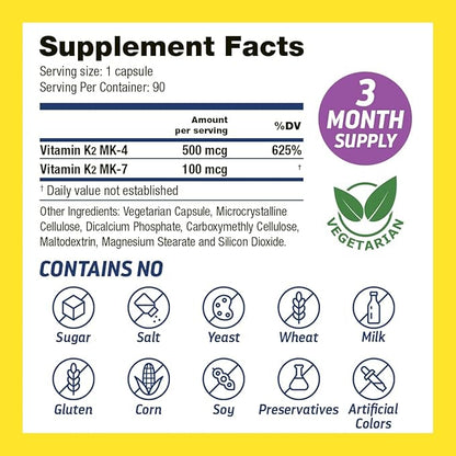 Vitamin K2 MK7 with Vitamin K2 MK4, 3-Month Supply High-Potency K2 Vitamin Supplement MK-7 for Bone Health & Cardiovascular Health, 90 Vegan Capsules, Made in The USA