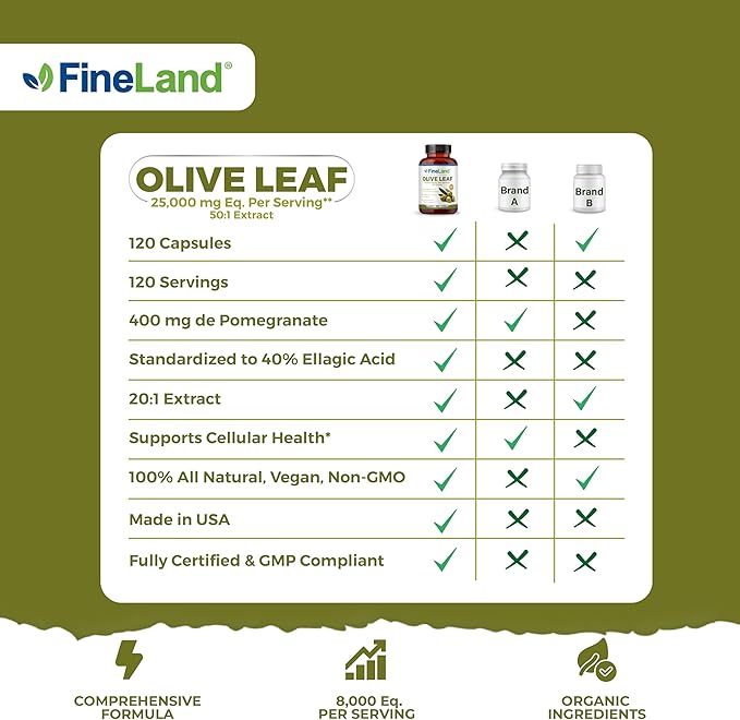 FineLand Olive Leaf Extract 50x, 25,000mg per Capsule | 20% Active Oleuropein | MAX Strength Antioxidants | Immune & Heart Support | 160 Vegan Capsules