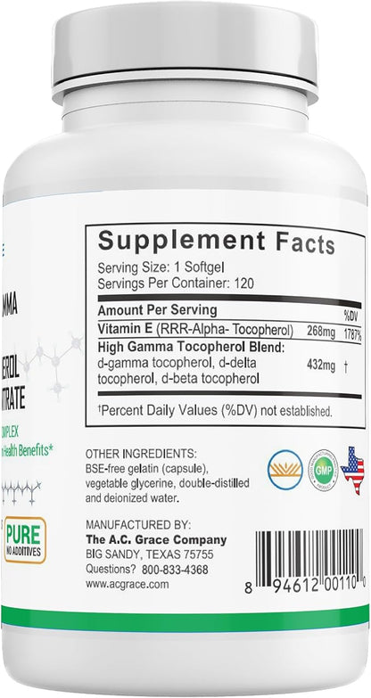 UNIQUE E A.C. Grace Company Mixed Tocopherols Concentrate Softgel 120 Count and Tocotrienols Tocopherol-Free Softgels 60 Count