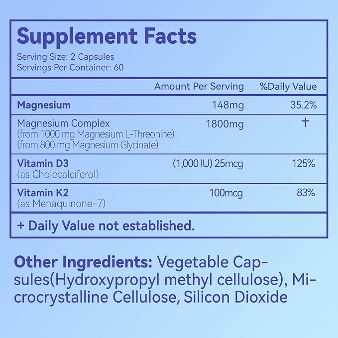 Magnesium Supplement with Vitamin D3 K2- Chelated Magnesium Complex 1800mg - Magnesium L-Threonine & Glycinate -120 Capsules