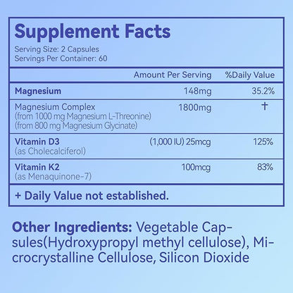 Magnesium Supplement with Vitamin D3 K2- Chelated Magnesium Complex 1800mg - Magnesium L-Threonine & Glycinate -120 Capsules