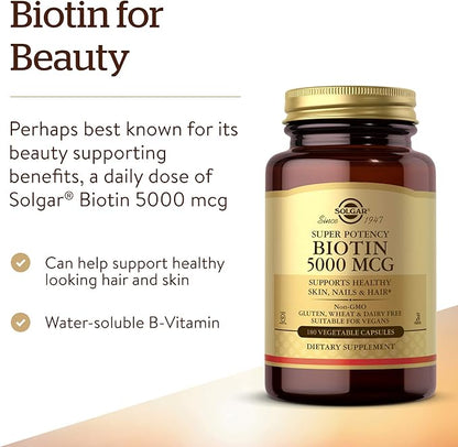 Solgar Biotin 5000 mcg - Supports Healthy Skin, Nails & Hair - Supports Energy Production & Metabolism - Vitamin B - Non-GMO, Vegan, Gluten Free - 180 Count