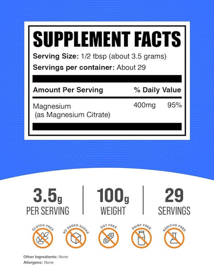 BulkSupplements.com Magnesium Citrate Powder - Magnesium 400mg Supplement, Easily Absorbable - Pure & Gluten Free, 3.5g per Serving, 100g (3.5 oz) (Pack of 1)