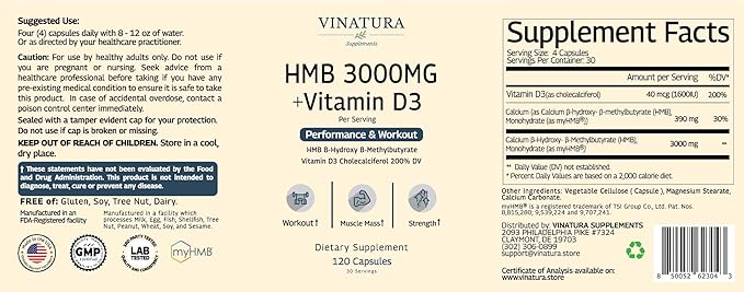 HMB 3000mg and Vitamin D3 Supplement Capsules per Serving *USA Made & Tested* Promotes Muscle Growth & Recovery - HMB Supplement and Vitamin D3 (1600 IU) - 120 Capsules 30 Servings
