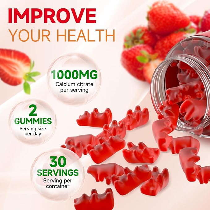2 Pack Calcium Citrate Gummies, Sugar Free Calcium Citrate 1000mg for Muscle Healthy, Absorption Calcium Supplements for Adults & Kids, Strawberry, 120 Count