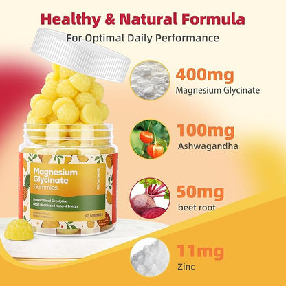 90 Count Magnesium Glycinate Gummies 400mg w/Ashwagandha Supplement - Sugar Free Zinc Magnesium Glycinate Supplement Ashwagandha Gummies for Adults Pineapple Gummies