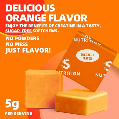 Creatine Monohydrate Soft Chews 5g for Men & Women, Preworkout Gummy with Electrolyte for Muscle Growth, Strength & Energy Support, Orange 60 pcs