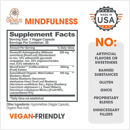The Genius Brand - Genius Mindfulness Natural Calming Supplement with Ashwagandha, NeuroFactor, & Blueberry Extract, Nootropic Cognitive Brain Booster Enhances Memory, Focus & Energy - 30 Capsules