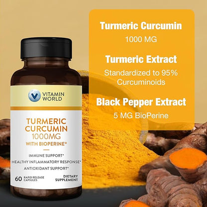 Vitamin World Turmeric Curcumin 1000mg, BioPerine Black Pepper Extract for Better Absorption, 95% Curcuminoids, Turmeric Supplement for Antioxidant & Joint Support, Gluten-Free, 60 Capsules