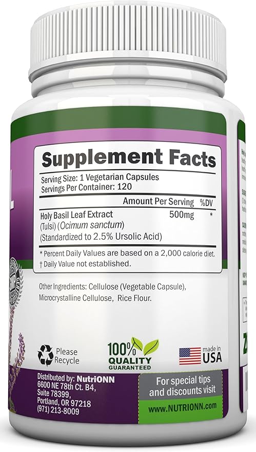 Holy Basil Leaf Capsules - 500mg - 2.5% Ursolic Acid - 120 Vegan Capsules - Real Tulsi Extract Supplement - Positive Mindset - Adaptogenic & Ayurvedic Herb